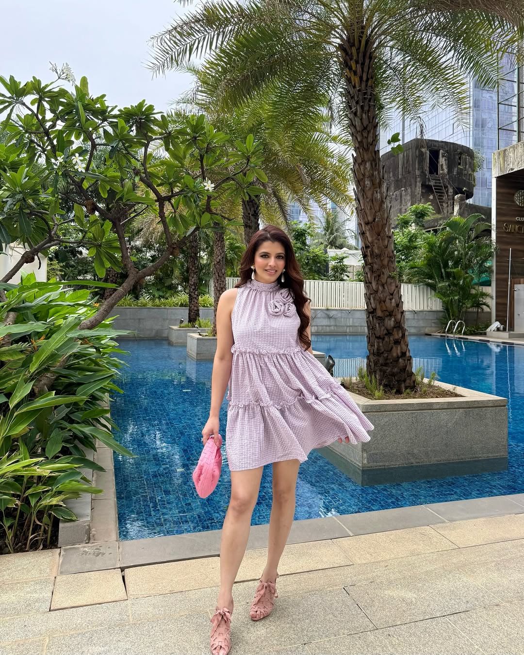 Lavender Tiered Flare Dress With Embellished Flower