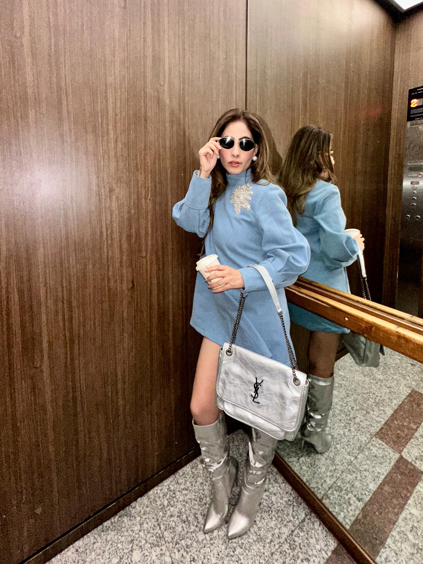Light Blue High-Neck Mini Denim Dress With Embellished Handmade Flower