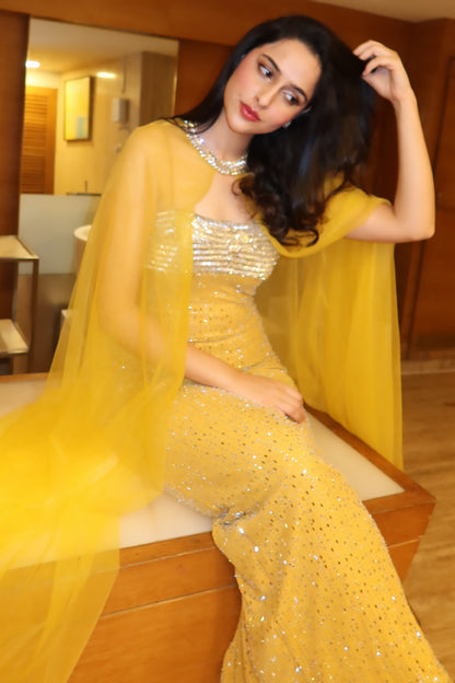 Body-Contouring  Sheath Gown with  Dramatic Cape