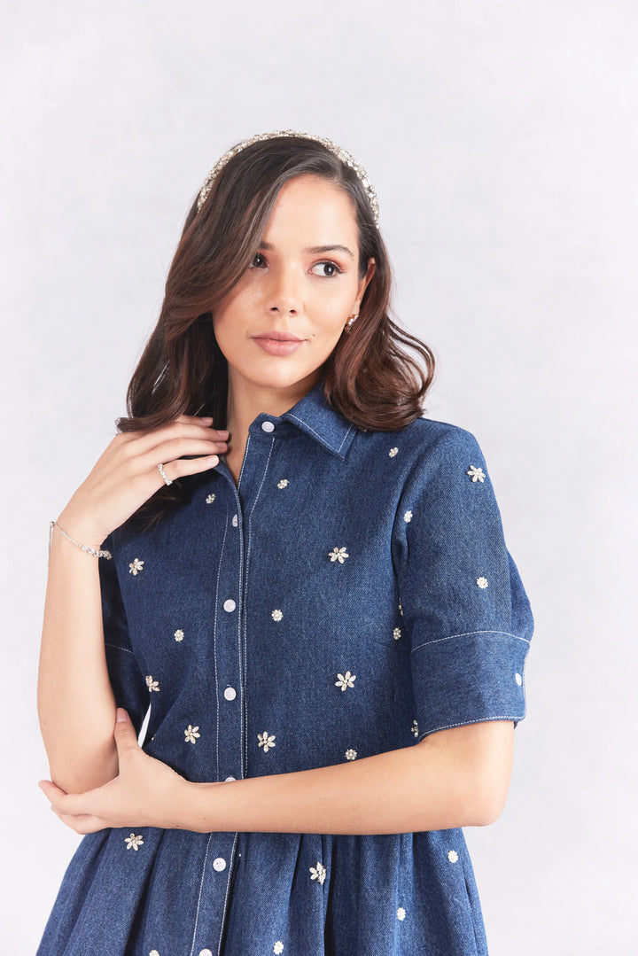Fit And Flare Embellished Denim Dress