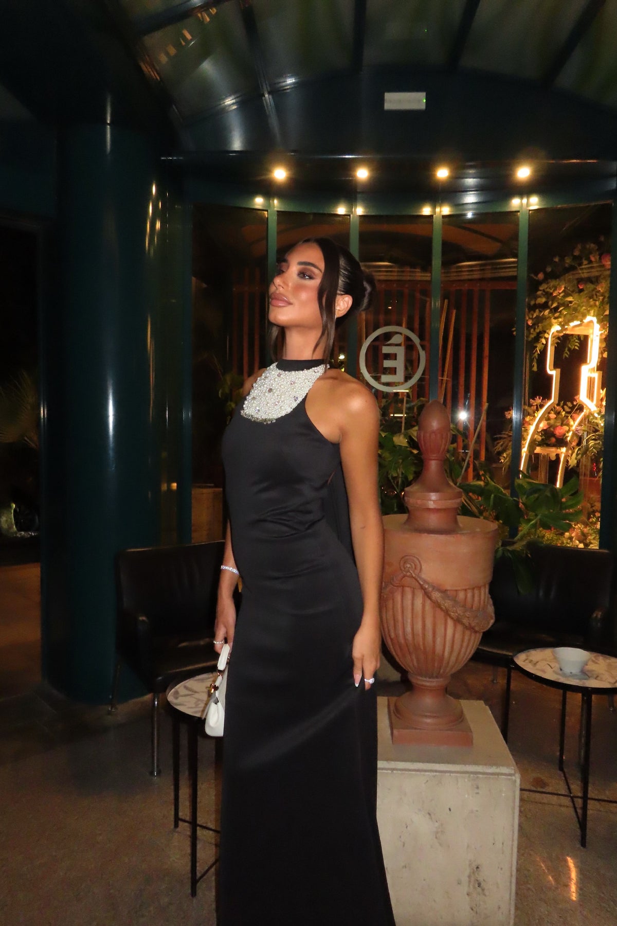 Pearl Neckpiece Long Scuba Halter Dress With Long Bow