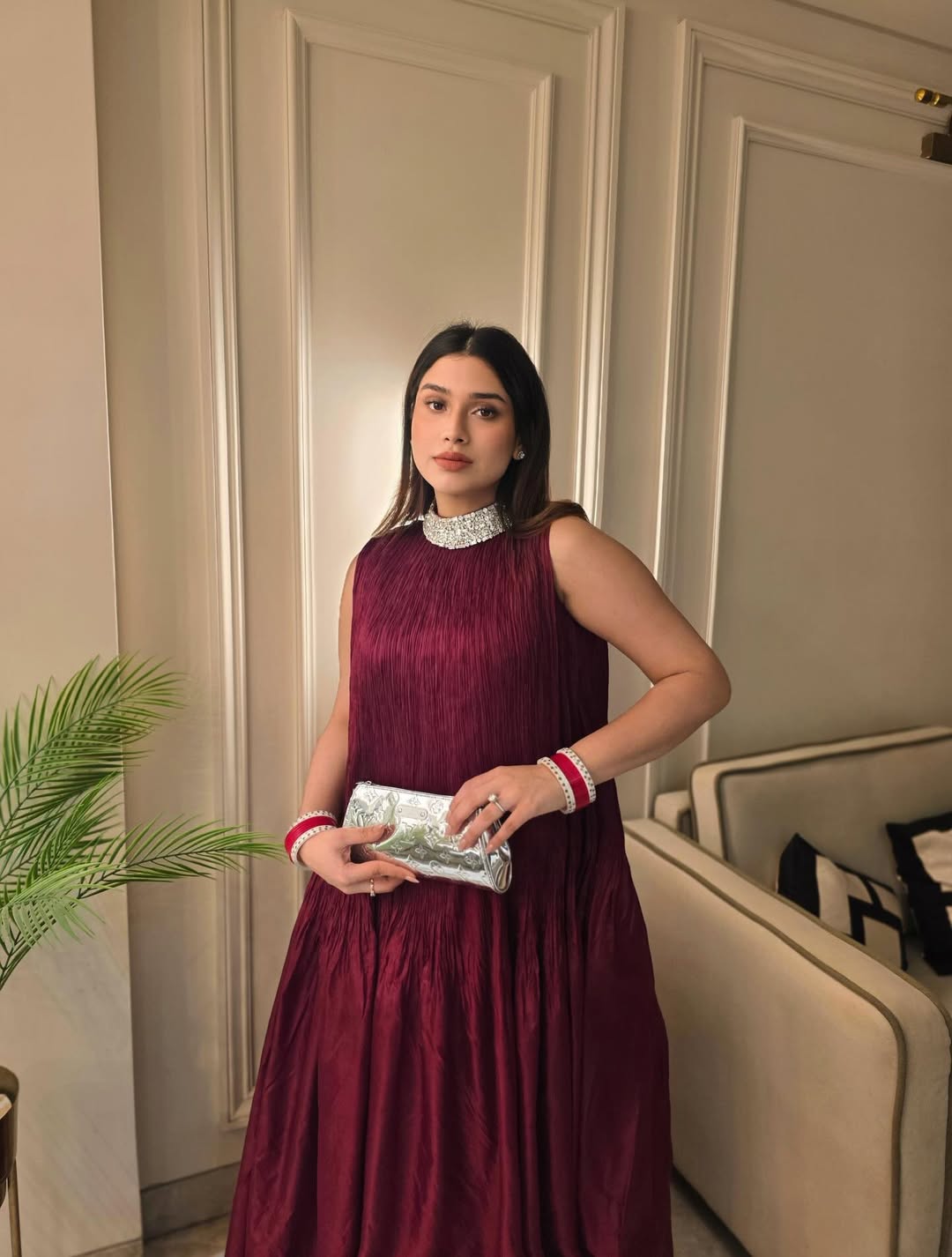 Maroon Crush Silk Dress With Embellished Neckline
