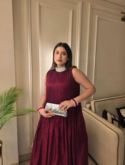 Maroon Crush Silk Dress With Embellished Neckline