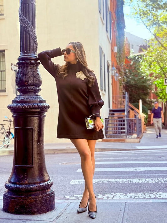 Black High-Neck Dress With Embellished Handmade Flower