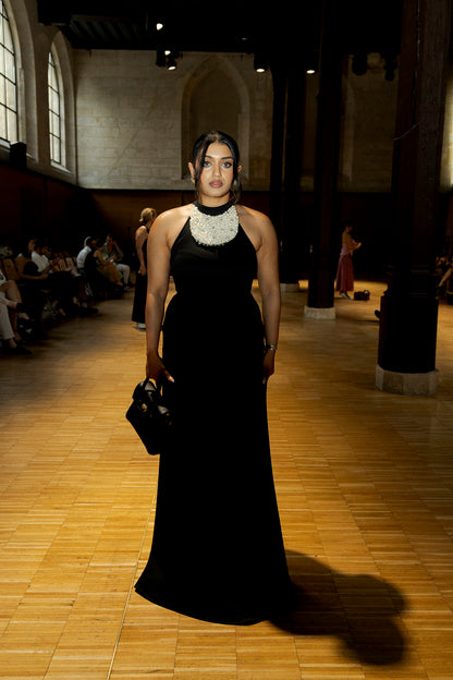 Pearl Neckpiece Long Scuba Halter Dress With Long Bow