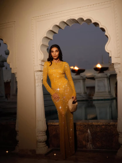 Embroidered Yellow Long Sleeve Dress