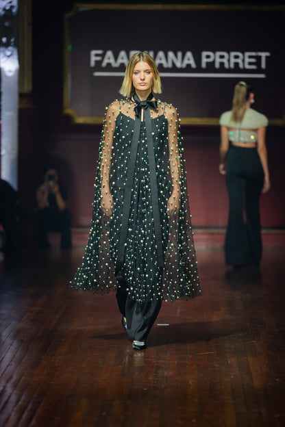 Long Maxi Slip Dress With Gemstone Embroidered Cape