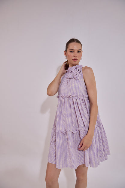 Lavender Tiered Flare Dress With Embellished Flower