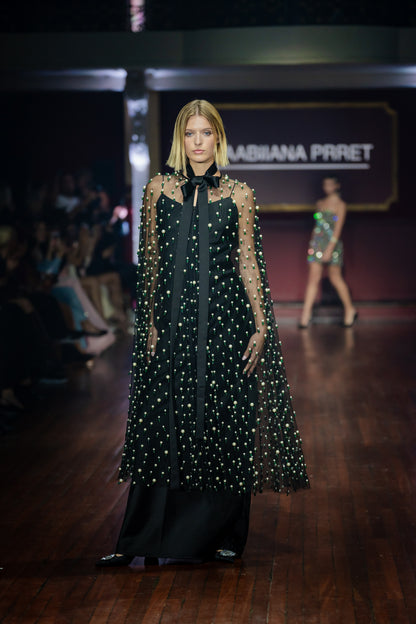 Long Maxi Slip Dress With Gemstone Embroidered Cape