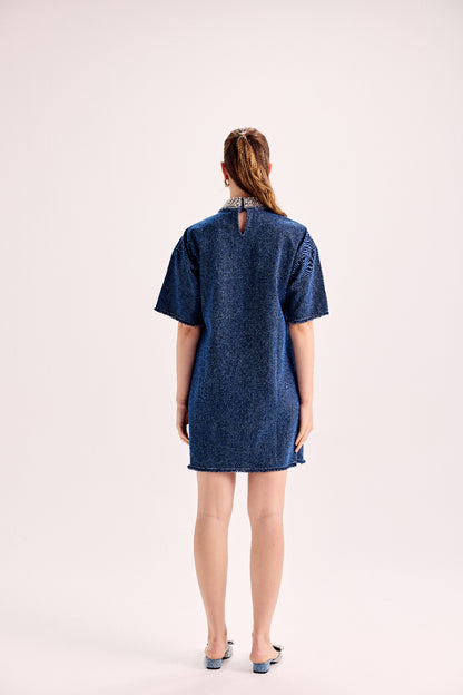 Swarovski Embellished Collar Loose Fit Denim Dress