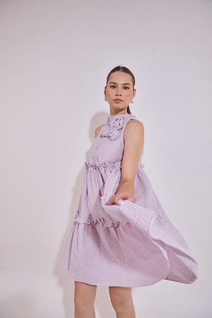 Lavender Tiered Flare Dress With Embellished Flower