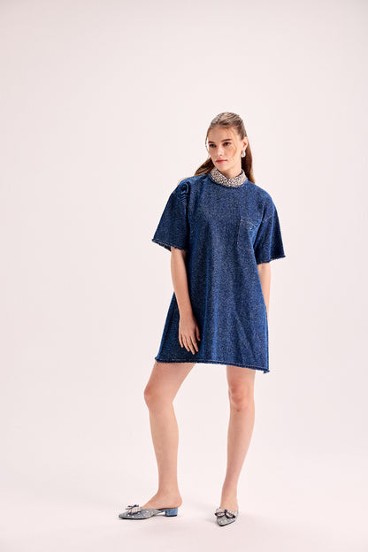 Swarovski Embellished Collar Loose Fit Denim Dress