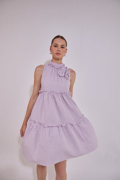 Lavender Tiered Flare Dress With Embellished Flower