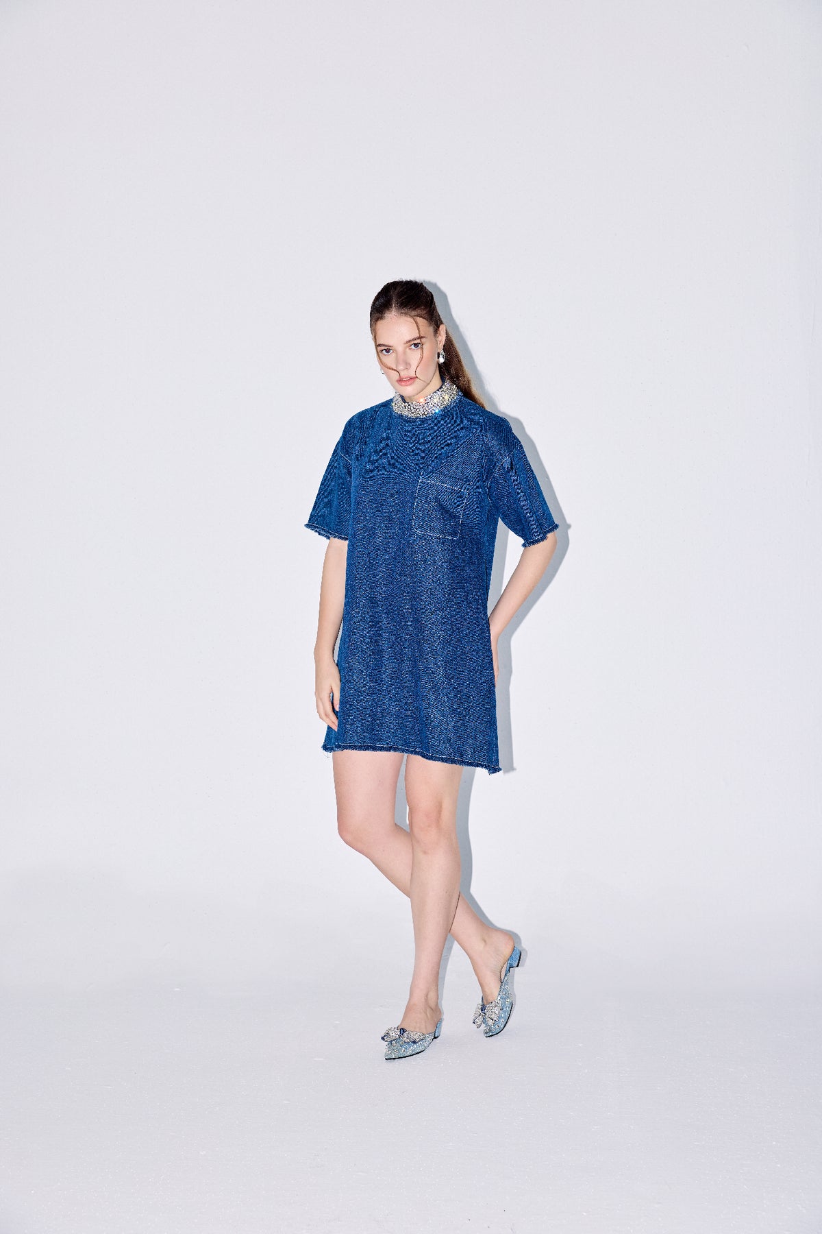 Swarovski Embellished Collar Loose Fit Denim Dress