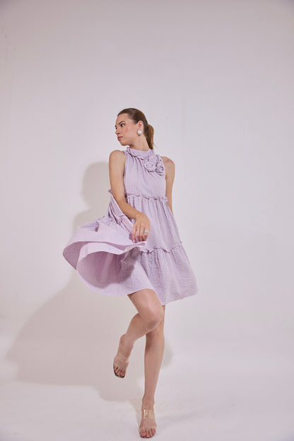 Lavender Tiered Flare Dress With Embellished Flower