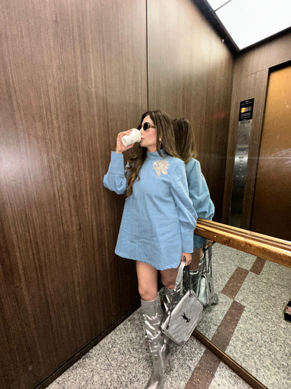 Light Blue High-Neck Mini Denim Dress With Embellished Handmade Flower