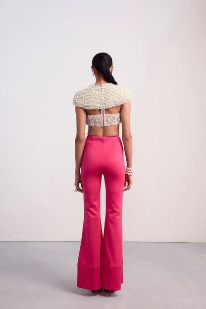 Pearl Embroidered Crop Cape Top Fit And Flare Bootcut Scuba Pants