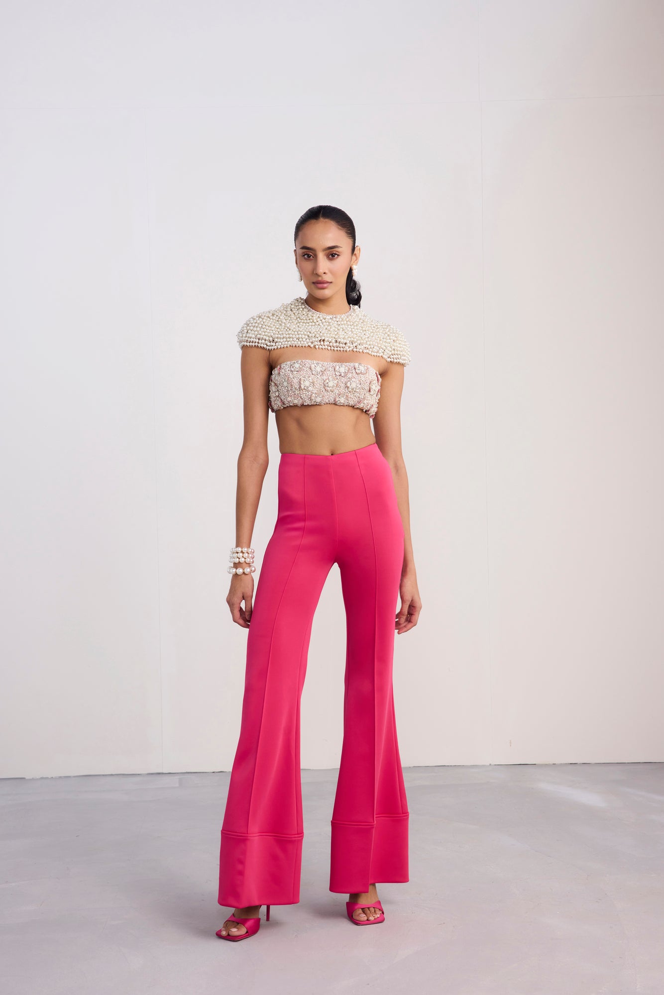 Pearl Embroidered Crop Cape Top Fit And Flare Bootcut Scuba Pants