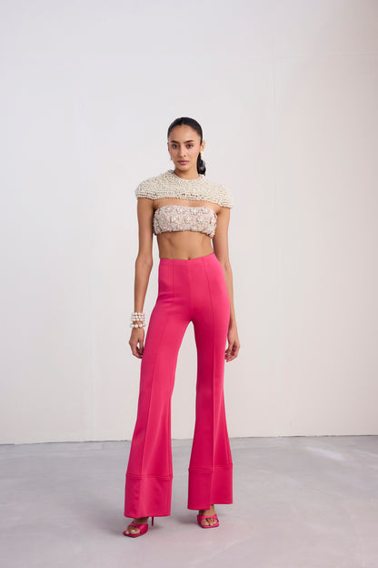 Pearl Embroidered Crop Cape Top Fit And Flare Bootcut Scuba Pants