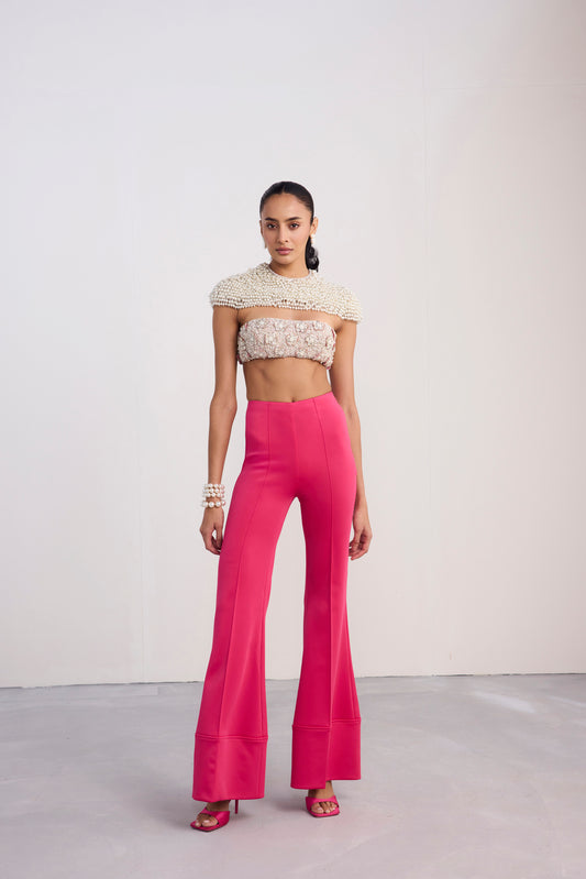 Pearl Embroidered Crop Cape Top Fit And Flare Bootcut Scuba Pants