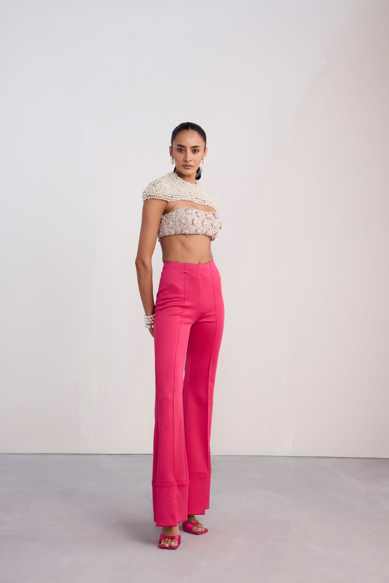 Pearl Embroidered Crop Cape Top Fit And Flare Bootcut Scuba Pants