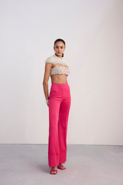 Pearl Embroidered Crop Cape Top Fit And Flare Bootcut Scuba Pants
