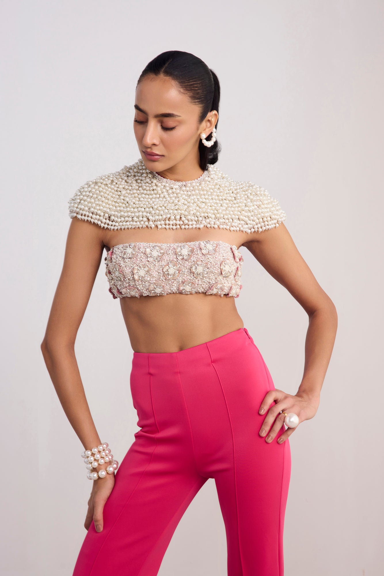 Pearl Embroidered Crop Cape Top Fit And Flare Bootcut Scuba Pants