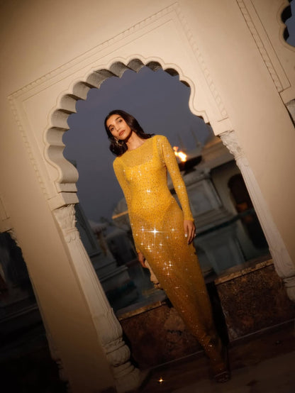 Embroidered Yellow Long Sleeve Dress