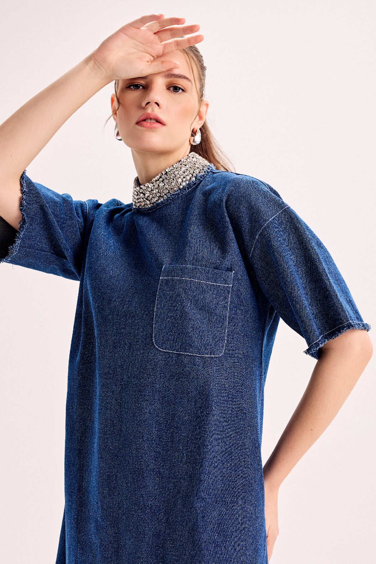 Swarovski Embellished Collar Loose Fit Denim Dress