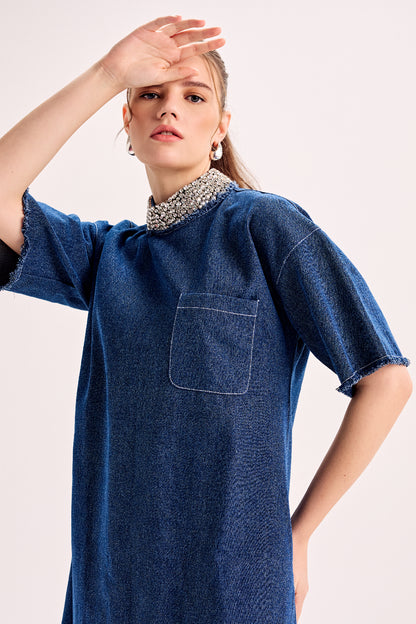 Swarovski Embellished Collar Loose Fit Denim Dress