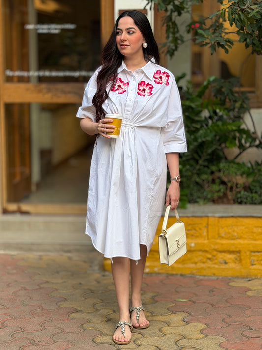 Floral Embroidered Cinched Waist Shirt Dress