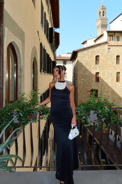 Pearl Neckpiece Long Scuba Halter Dress With Long Bow