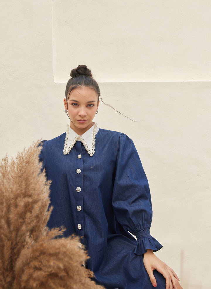 Peter Pan Embellished Collar Denim Dress
