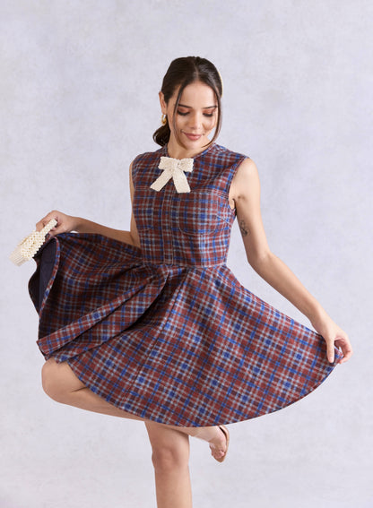 Mini Skater Check Denim Dress With Embellished Bow