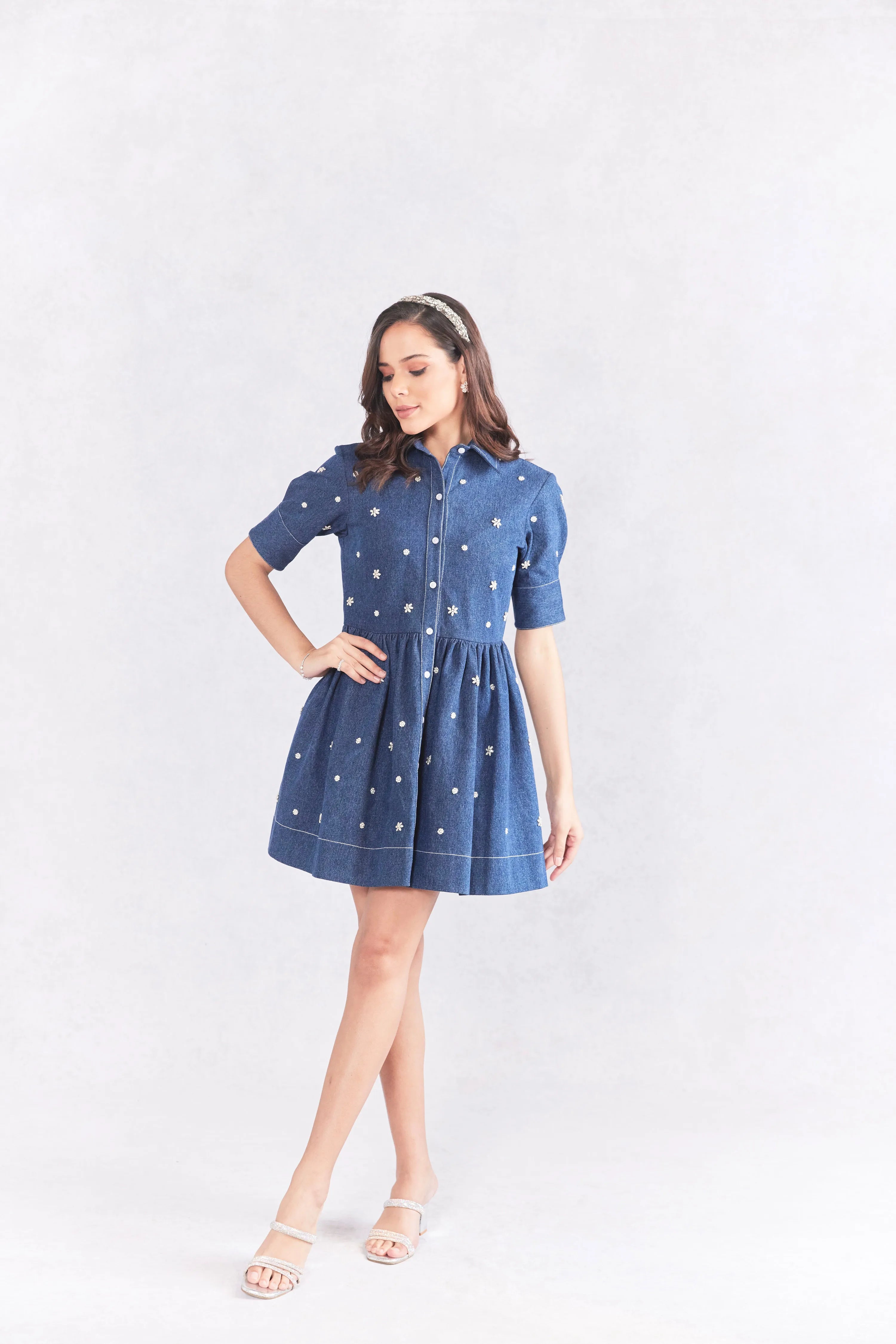Fit And Flare Embellished Denim Dress