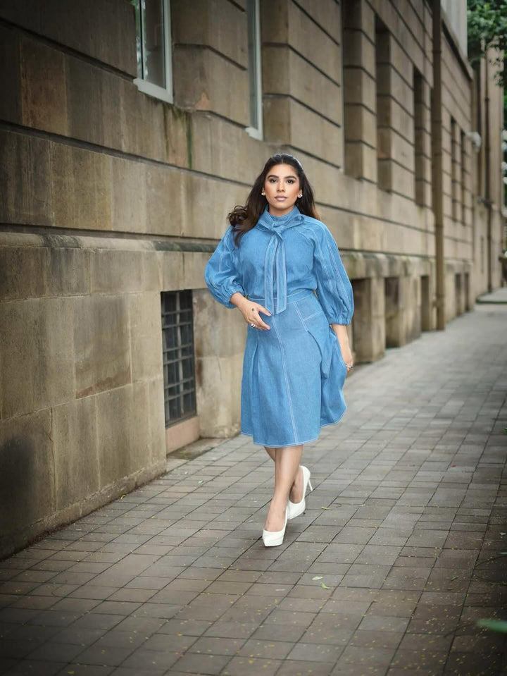 Bow TIe Lantern Denim Shirt & Box Pleat Denim Skirt FAABIIANA PRRET Bow TIe Lantern Denim Shirt & Box Pleat Denim Skirt FAABIIANA PRRET