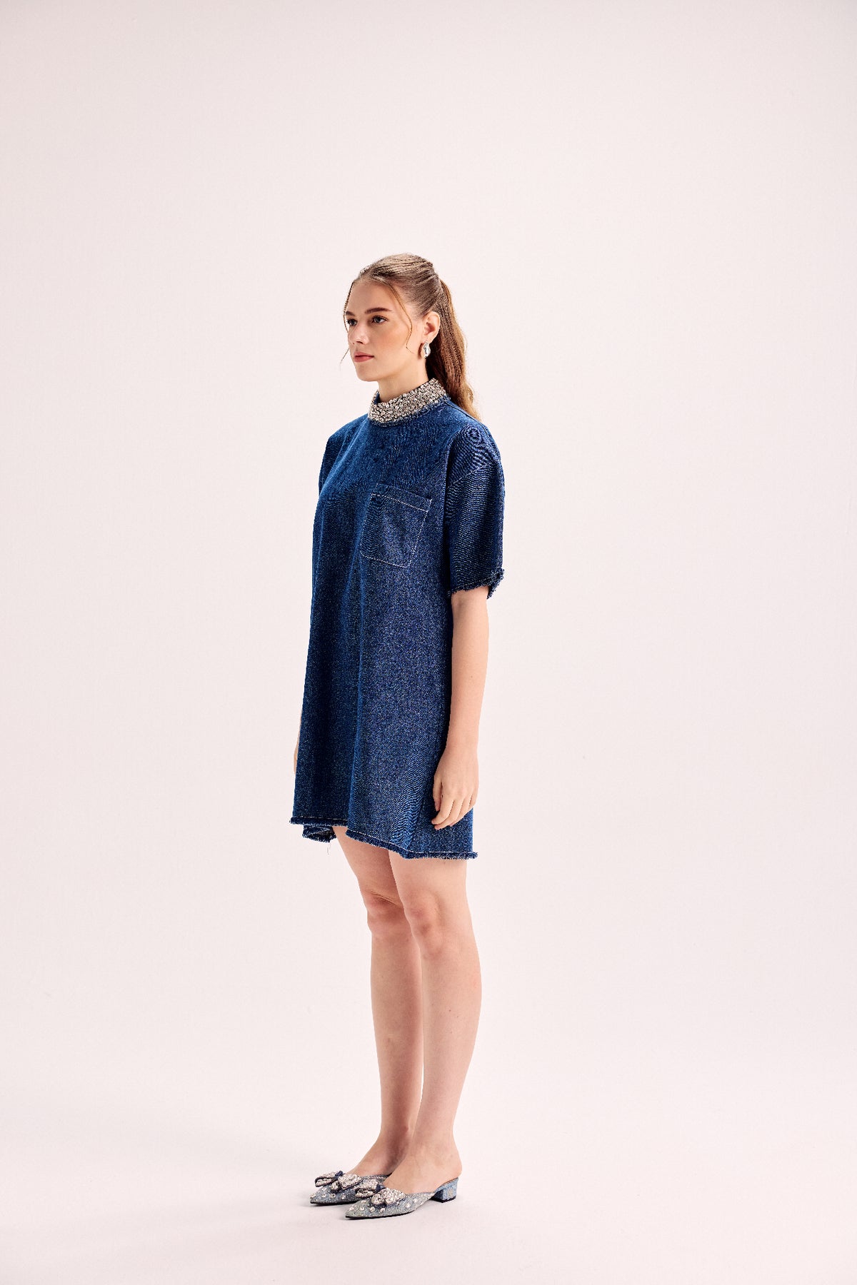 Swarovski Embellished Collar Loose Fit Denim Dress