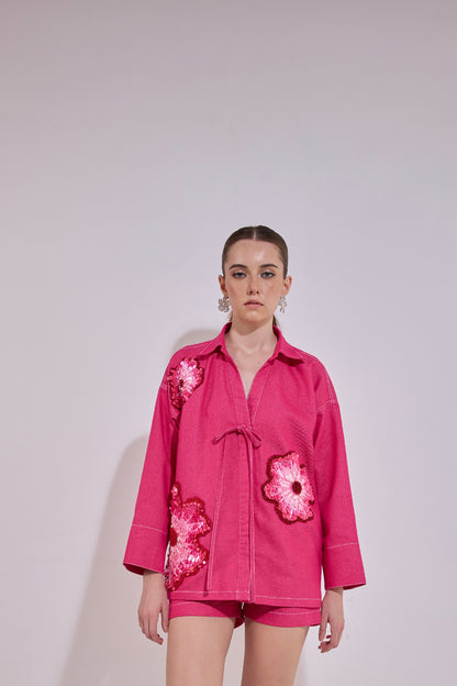 Flower Embroidered Gingham Chinese Collar Shirt