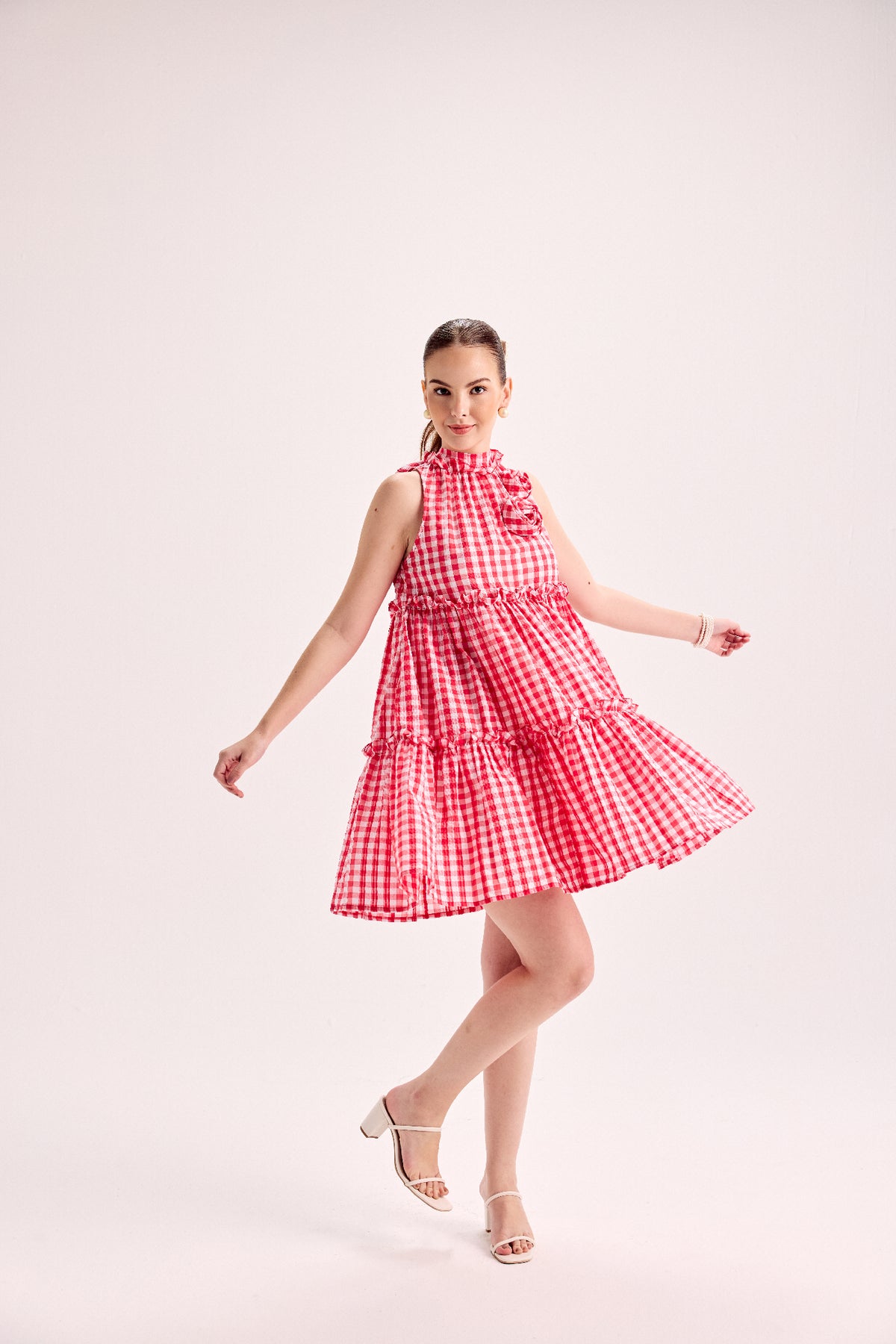 Redtiered Flare Dress With Embellished Flower