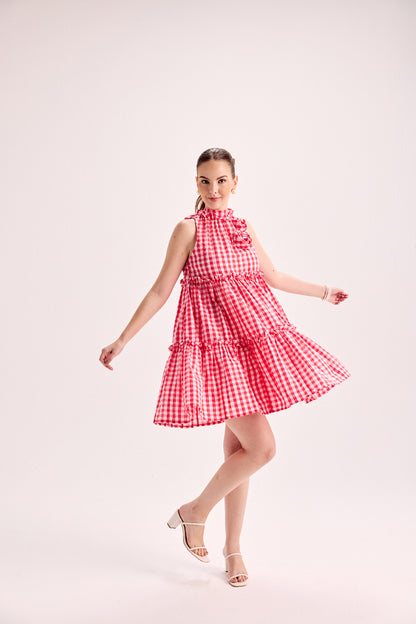 Redtiered Flare Dress With Embellished Flower
