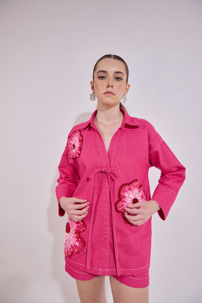 Flower Embroidered Gingham Chinese Collar Shirt