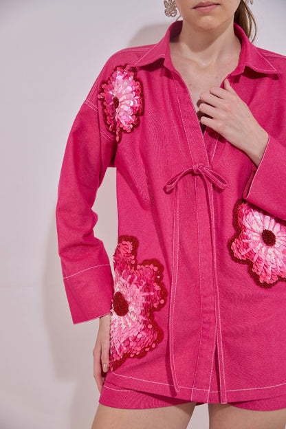 Flower Embroidered Gingham Chinese Collar Shirt