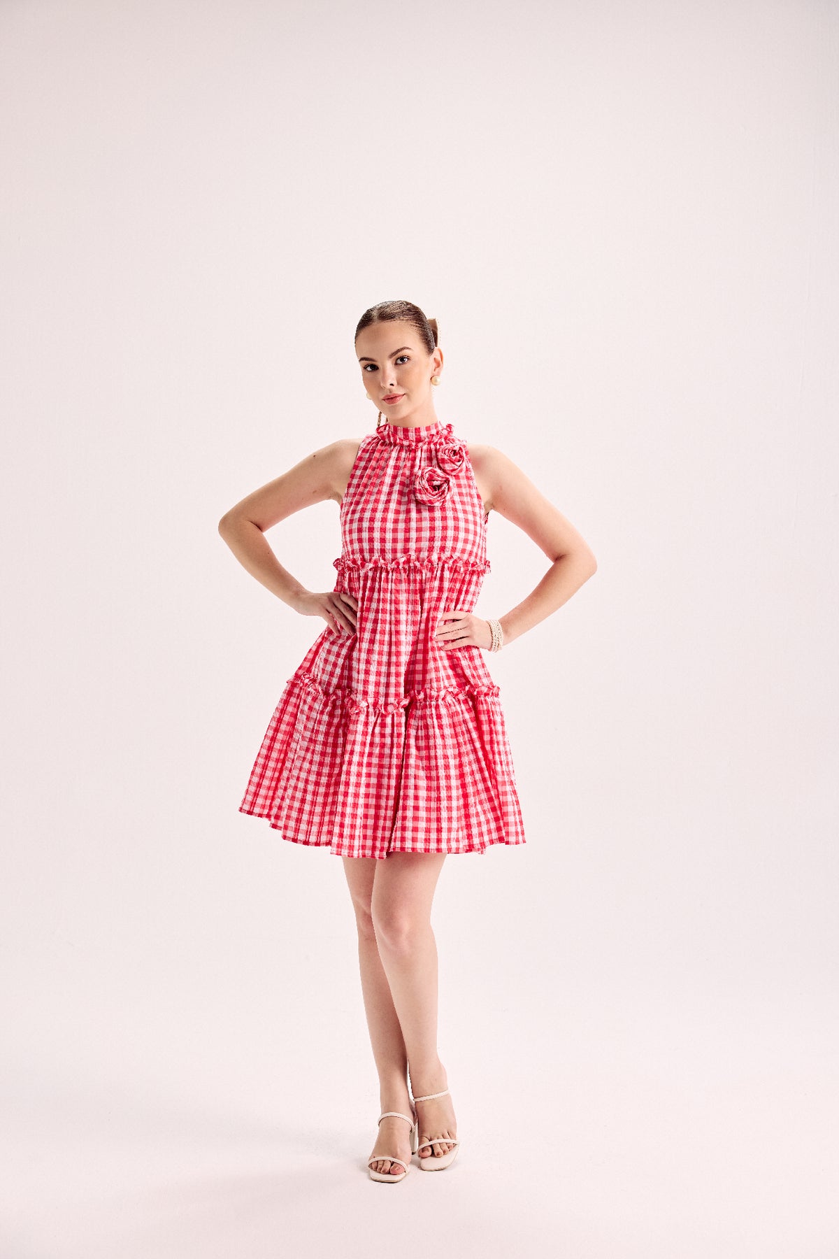 Redtiered Flare Dress With Embellished Flower