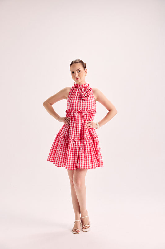 Redtiered Flare Dress With Embellished Flower