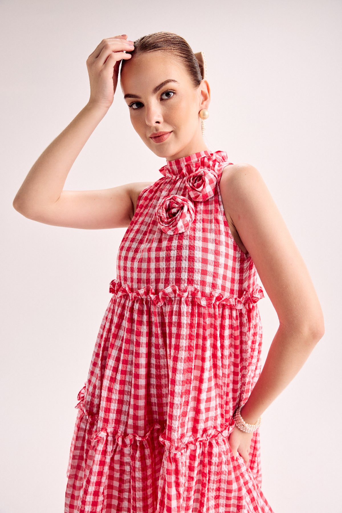Redtiered Flare Dress With Embellished Flower