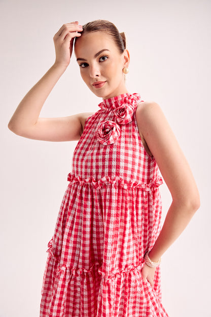 Redtiered Flare Dress With Embellished Flower