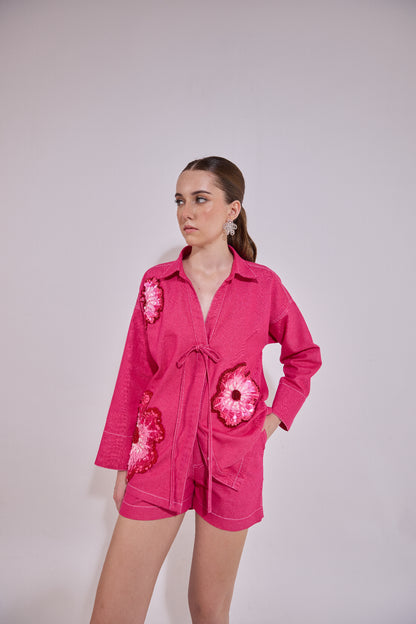 Flower Embroidered Gingham Chinese Collar Shirt
