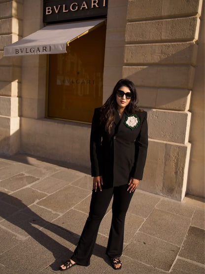 BLACK BLAZER EMBELLISHED WITH HAND EMBROIDERED FLORAL MOTIFS PAIRED WITH FLARED TROUSER