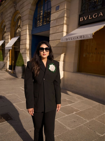 BLACK BLAZER EMBELLISHED WITH HAND EMBROIDERED FLORAL MOTIFS PAIRED WITH FLARED TROUSER