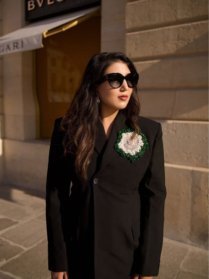 BLACK BLAZER EMBELLISHED WITH HAND EMBROIDERED FLORAL MOTIFS PAIRED WITH FLARED TROUSER